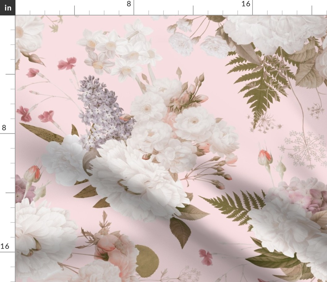 Vintage Spring Romanticism: Maximalism Moody Florals-Antiqued White Peonies Roses Lilacs And Springflowers Bouquets  Nostalgic- Gothic- Antique Botany Wallpaper and Victorian Goth Mystic inspired - light pink single layer