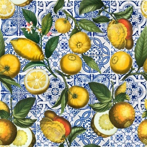 Antique Lemon Fruit Branches on Colorful hand painted nostalgic mediteranean tiles