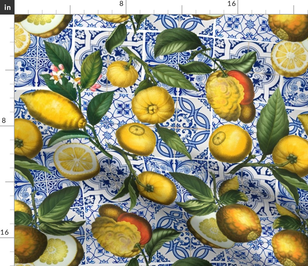 Antique Lemon Fruit Branches on Colorful hand painted nostalgic mediteranean tiles