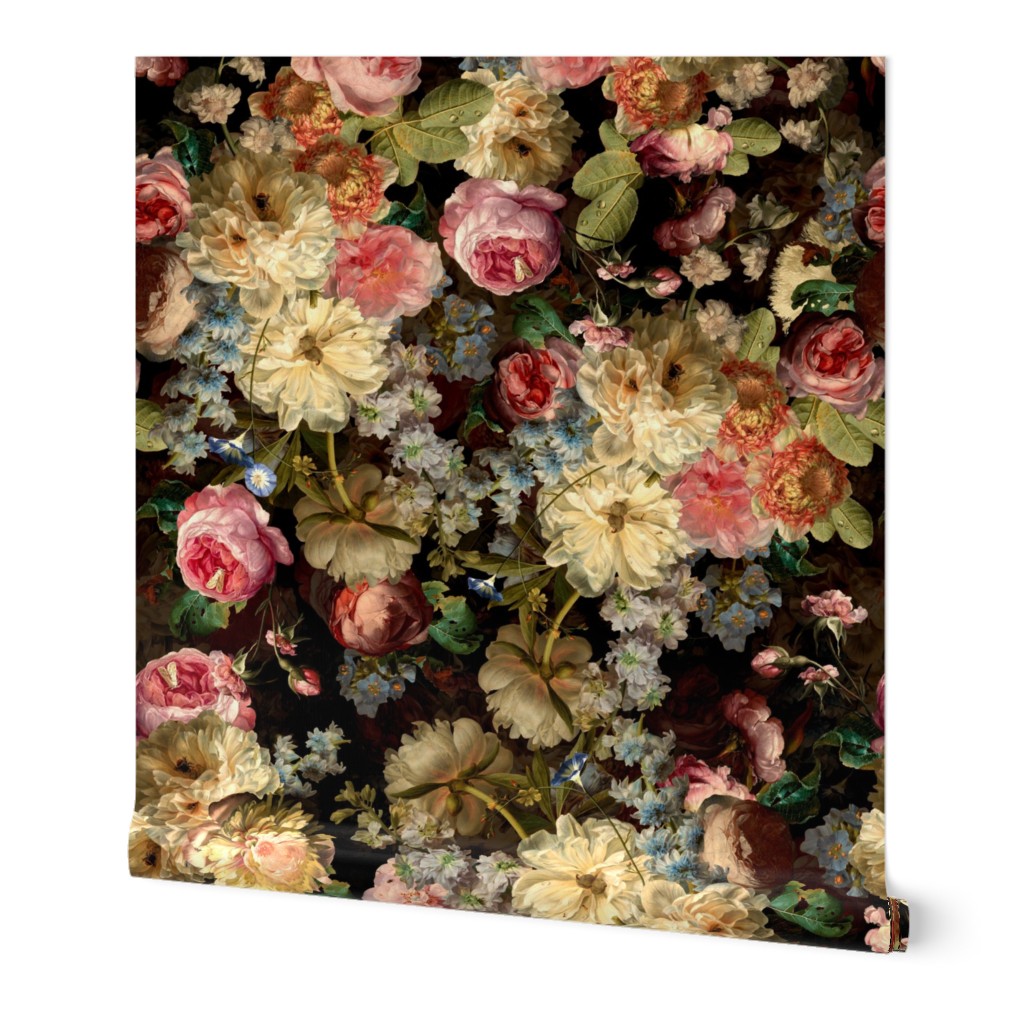 Vintage Flemish Summer Romanticism:Maximalism Moody Florals-Antiqued Blush Roses And White Peonies Bouquets Nostalgic-  Gothic- Antique Botany Wallpaper and Victorian Goth Mystic inspired black