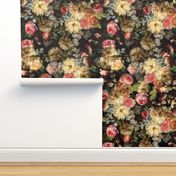 Vintage Flemish Summer Romanticism:Maximalism Moody Florals-Antiqued Blush Roses And White Peonies Bouquets Nostalgic-  Gothic- Antique Botany Wallpaper and Victorian Goth Mystic inspired black