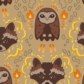 Fantasy Woodland Owls and Raccoons