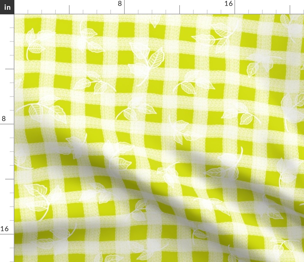 Large Rose Leaves on Chartreuse Wonky Gingham