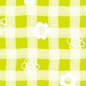 Large White Sketched Flowers on Chartreuse Wonky Gingham