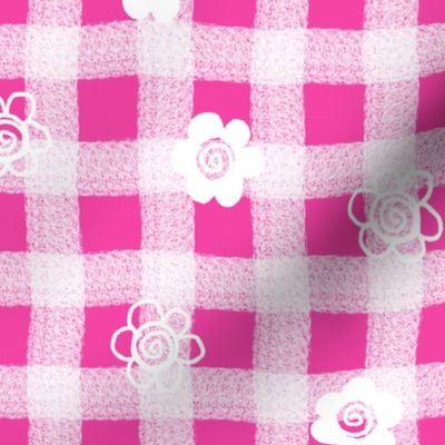Large White Sketched Flowers on Hot Pink Wonky Gingham