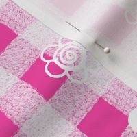 Large White Sketched Flowers on Hot Pink Wonky Gingham