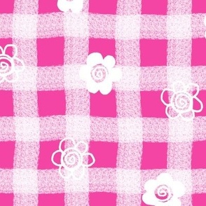 Large White Sketched Flowers on Hot Pink Wonky Gingham