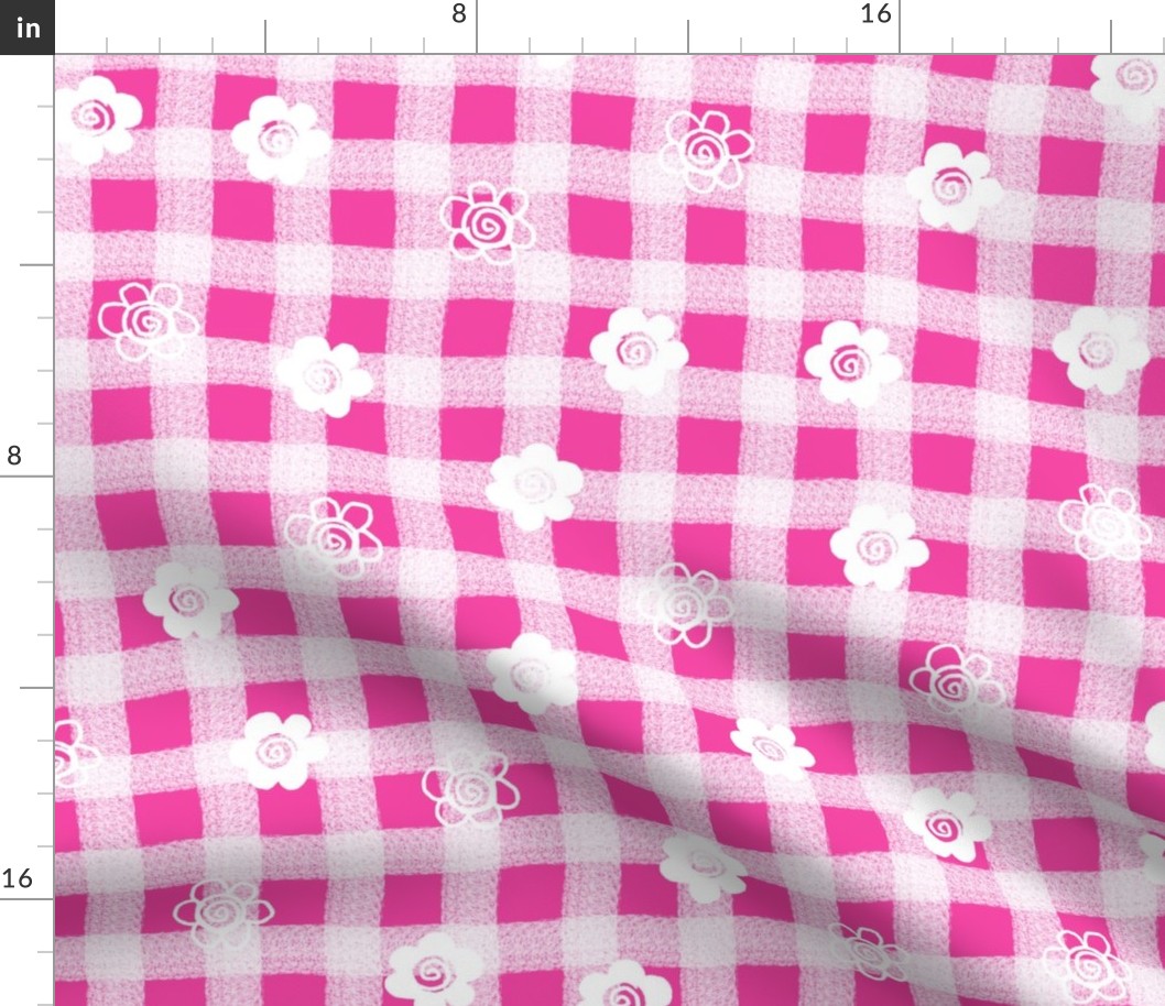 Large White Sketched Flowers on Hot Pink Wonky Gingham