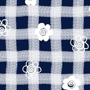 Large White Sketched Flowers on Midnight Blue Wonky Gingham