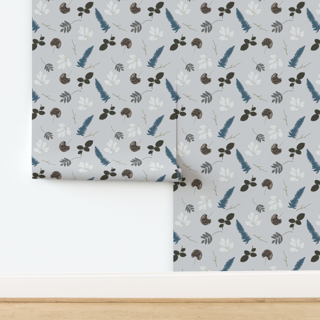 Fall Foliage Light Grey & Teal Wallpaper | Spoonflower