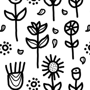 Black And White Doodle Summer Meadow Pattern
