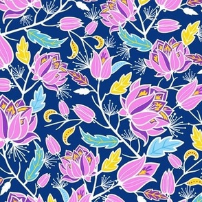 Pink flower dream on navy blue fabric design repeat pattern