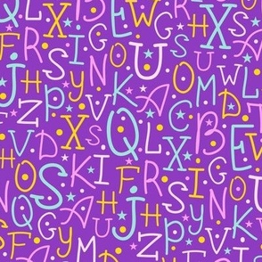 Colorful alphabet on purple fabric design repeat pattern