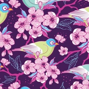 Birds on sakura cherry blossom branches fabric design repeat pattern