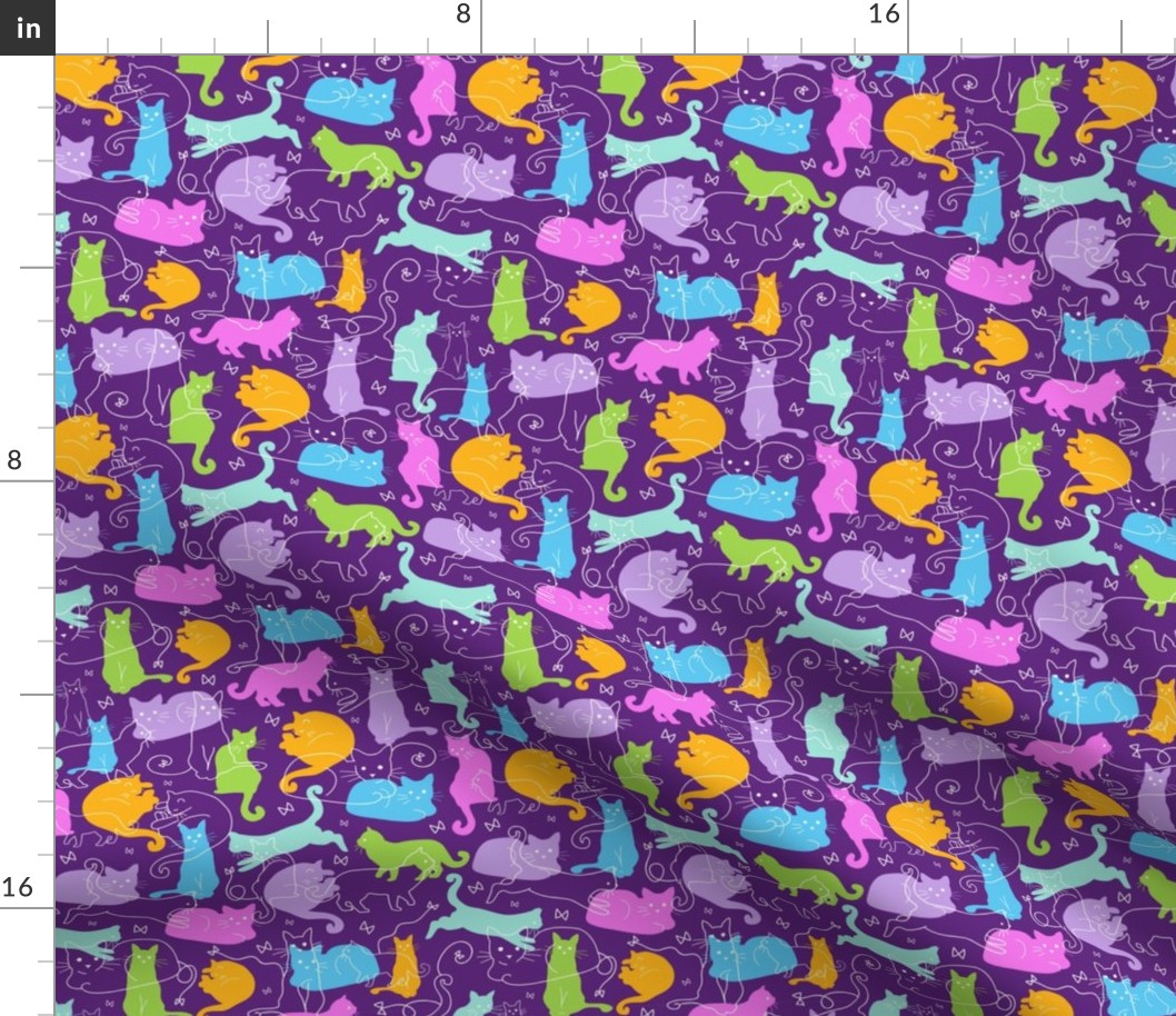 Fun colorful cats on purple repeat pattern