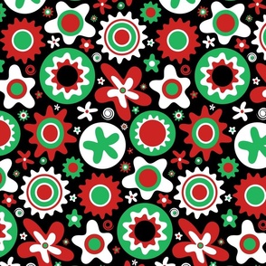 Mid Century Modern Circles and Flowers // Red, Green, Black and White // Christmas Pattern Print // 571 DPI