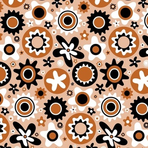 Mid Century Modern Circles and Flowers // Terracotta Clay, Light Clay, Black and White // 571 DPI