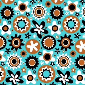 Mid Century Modern Circles and Flowers // Terracotta Clay, Turquoise, Black and White // 571 DPI