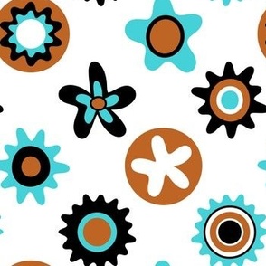 Mid Century Modern Circles and Flower Polka Dots // V1 // Terracotta Clay, Turquoise, Black and White // 514 DPI 