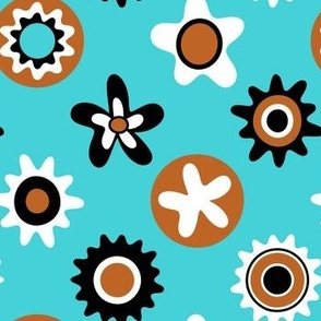 Mid Century Modern Circles and Flower Polka Dots // V2 // Terracotta Clay, Turquoise, Black and White // 514 DPI 