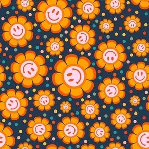 Medium Scale Retro Smile Face Smile Flowers and Polkadots on Navy