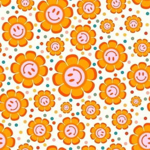 Large Scale Retro Smile Face Smile Flowers and Polkadots on Ivory