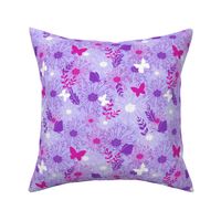 Dandelions and flowers on light purple fabric design repeat pattern