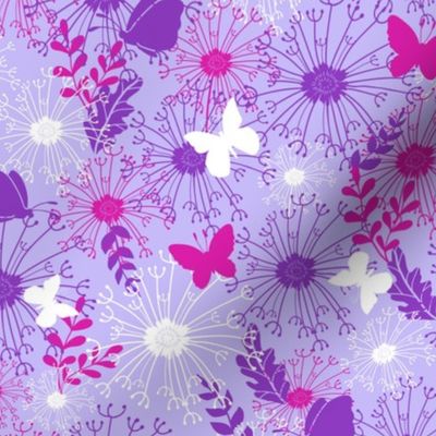 Dandelions and flowers on light purple fabric design repeat pattern