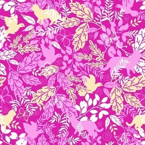 Cats and birds in the garden pink fabric design repeat pattern