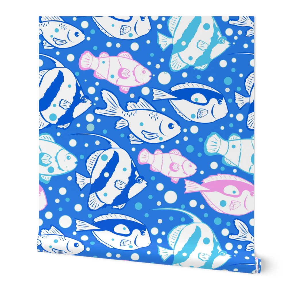 Blue pink fish fabric design repeat pattern