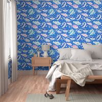 Blue pink fish fabric design repeat pattern