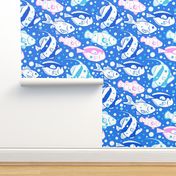 Blue pink fish fabric design repeat pattern