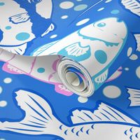 Blue pink fish fabric design repeat pattern