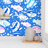 Blue pink fish fabric design repeat pattern