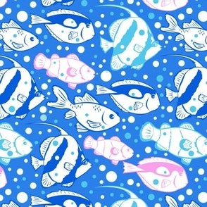 Blue pink fish fabric design repeat pattern