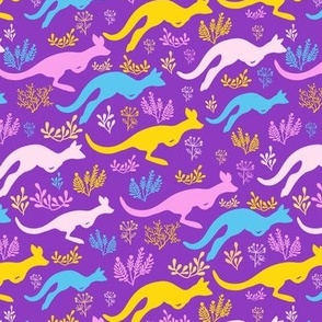 Kangaroo jumping on purple repeat pattern