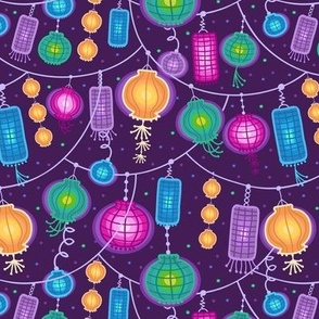 Colorful lanterns on dark purple repeat pattern