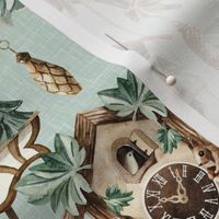 Medium Scale / Woodland Cockoo Clocks / Mint Linen Textrued Background