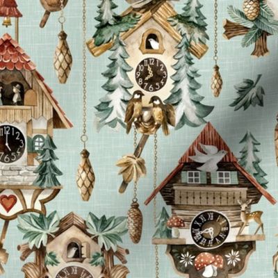 Medium Scale / Woodland Cockoo Clocks / Mint Linen Textrued Background