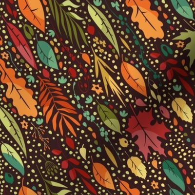 Medium Scale Falling Leaves Autumn Fall and Thanksgiving  Berries on Brown