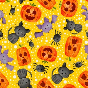 Large Scale Halloween Orange Pumpkins Black Cats Spiders and Purple Bats on Yellow