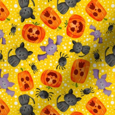 Medium Scale Halloween Orange Pumpkins Black Cats Spiders and Purple Bats on Yellow