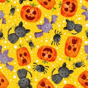 Medium Scale Halloween Orange Pumpkins Black Cats Spiders and Purple Bats on Yellow