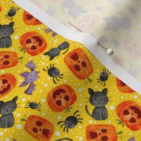 Small Scale Halloween Orange Pumpkins Black Cats Spiders and Purple Bats on Yellow