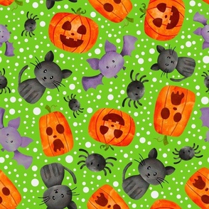 Large Scale Halloween Orange Pumpkins Black Cats Spiders and Purple Bats on Green