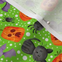 Medium Scale Halloween Orange Pumpkins Black Cats Spiders and Purple Bats on Green