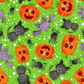 Medium Scale Halloween Orange Pumpkins Black Cats Spiders and Purple Bats on Green