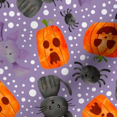 Large Scale Halloween Orange Pumpkins Black Cats Spiders and Purple Bats