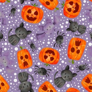 Large Scale Halloween Orange Pumpkins Black Cats Spiders and Purple Bats