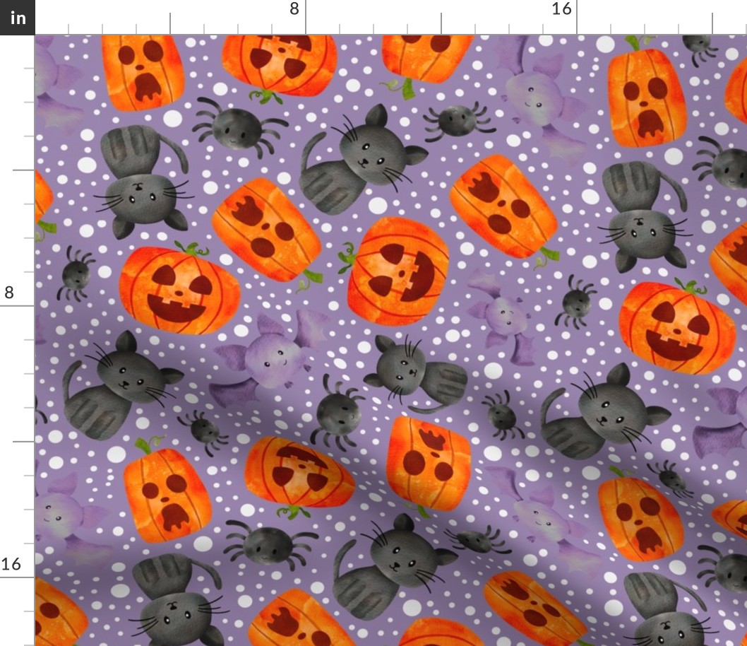 Large Scale Halloween Orange Pumpkins Black Cats Spiders and Purple Bats